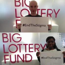 Two photos of Lottery Staff  holding up signs saying 'End the stigma'